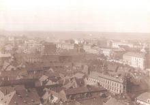 Pohled z věže sv. Bartoloměje směrem do Říšského předměstí (dnes Jižní Předměstí), konec 19. století.Foto Vilím.  Zdroj: Archiv města Plzně.
