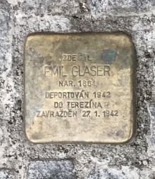 Stolperstein - Glaser Emil. Zdroj: Archiv města Plzně.