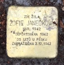Stolperstein - Janečková Žofie. Zdroj: Archiv města Plzně.