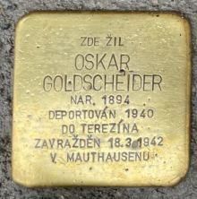 Stolperstein - Goldscheider Oskar.  Zdroj: Archiv města Plzně.