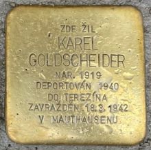 Stolperstein - Goldscheider Karel.  Zdroj: Archiv města Plzně.
