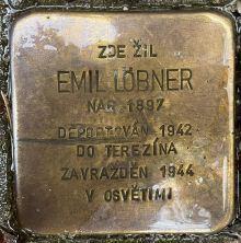 Stolperstein - Löbner Emil. Zdroj: Archiv města Plzně.