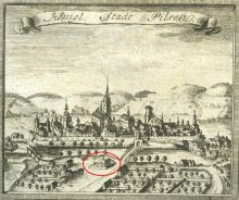 Maximilián Kalous, pohled na město Plzeň, před 1788, mědirytina, in: SCHALLER, J. 1788, titulní list.