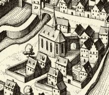 Mathäus Merian, panoramatický pohled na Plzeň (výřez s kostelem sv. Máří Magdalény), před 1650, mědirytina, in: Topographia Bohemiæ, Moraviæ et Silesiæ. Frankfurt 1650, obr. u s. 52, výřez.